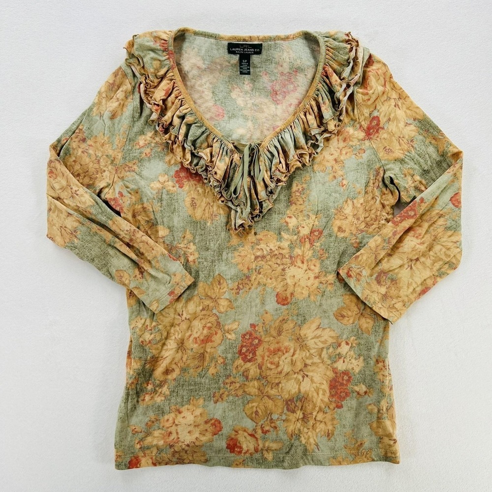 Lauren Jeans Co. Shirt Womens Petite Small Green Floral Ruffle V Neck 3/4 Sleeve
